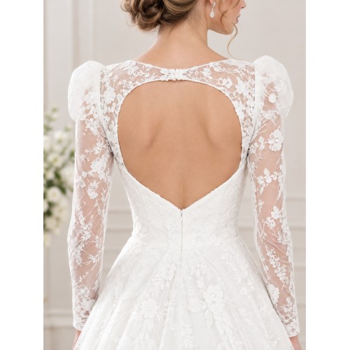 A-Line Beaded and Sequined Floral Lace Appliqued Tulle Wedding Dress with Layer of Glittery Tulle - MO-A6004
