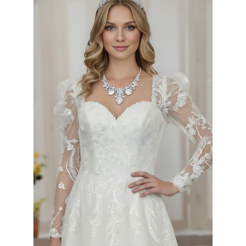 A-Line Beaded and Sequined Floral Lace Appliqued Tulle Wedding Dress with Layer of Glittery Tulle - MO-A6004