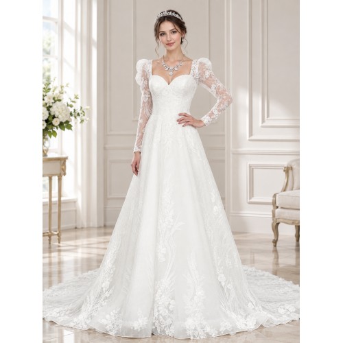 A-Line Beaded and Sequined Floral Lace Appliqued Tulle Wedding Dress with Layer of Glittery Tulle - MO-A6004