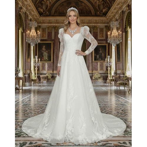 A-Line Beaded and Sequined Floral Lace Appliqued Tulle Wedding Dress with Layer of Glittery Tulle - MO-A6004