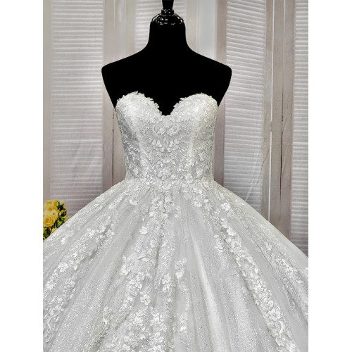 Ball Gown -Heavy Beaded and Sequined Floral Lace Appliqued Tulle Wedding Dress - MO-B1001