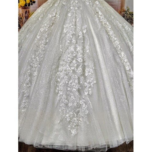 Ball Gown -Heavy Beaded and Sequined Floral Lace Appliqued Tulle Wedding Dress - MO-B1001