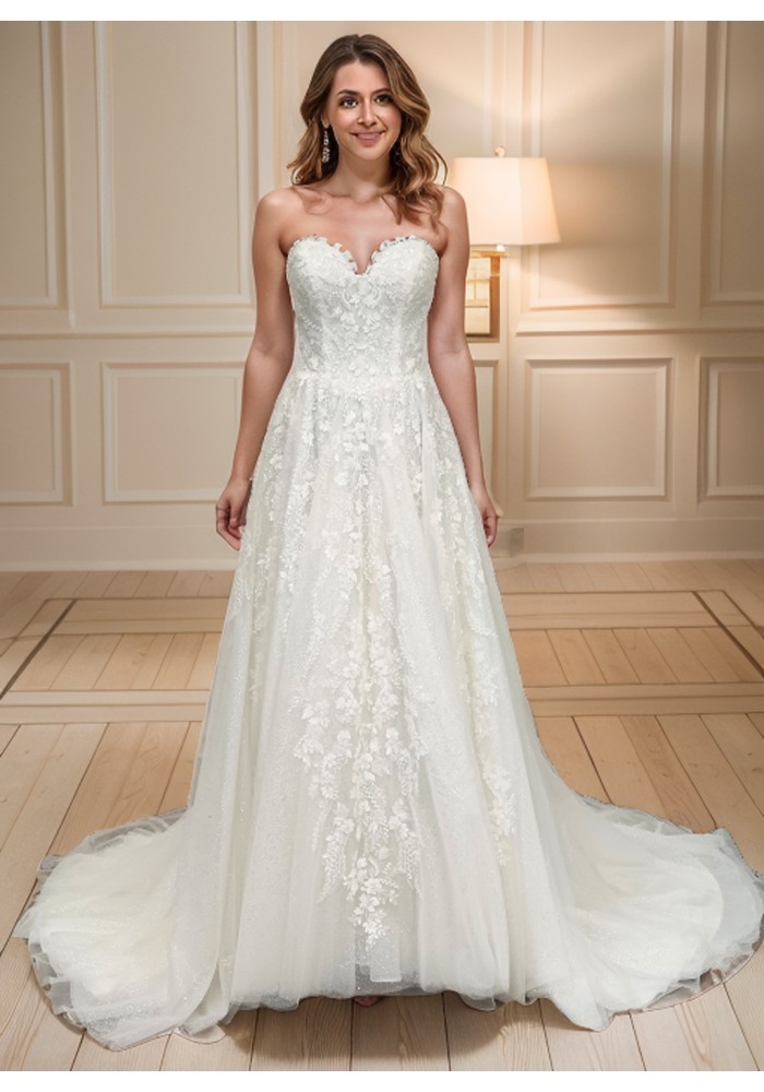 Ball Gown -Heavy Beaded and Sequined Floral Lace Appliqued Tulle Wedding Dress - MO-B1001