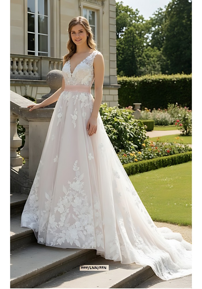 Ball Gown 3-D Floral lace Appliqued Tulle with Pleated Waist Band Wedding Dress - MO-B3001