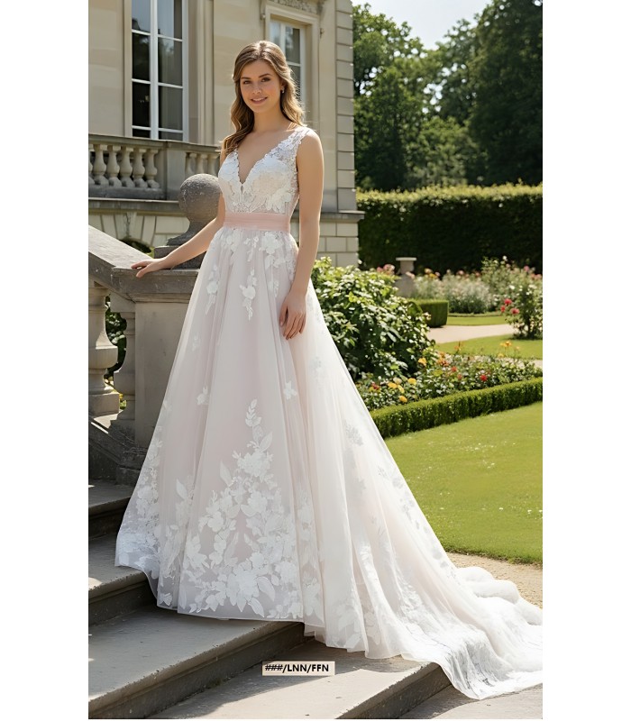 Ball Gown 3-D Floral lace Appliqued Tulle with Pleated Waist Band Wedding Dress - MO-B3001