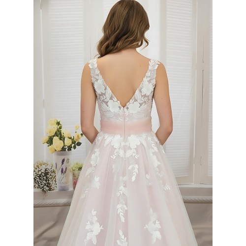 Ball Gown 3-D Floral lace Appliqued Tulle with Pleated Waist Band Wedding Dress - MO-B3001