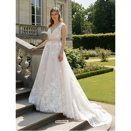 Ball Gown 3-D Floral lace Appliqued Tulle with Pleated Waist Band Wedding Dress - MO-B3001