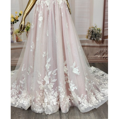 Ball Gown 3-D Floral lace Appliqued Tulle with Pleated Waist Band Wedding Dress - MO-B3001