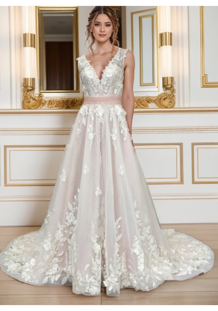 Ball Gown 3-D Floral lace Appliqued Tulle with Pleated Waist Band Wedding Dress - MO-B3001