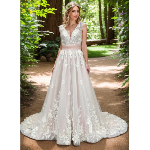 Ball Gown 3-D Floral lace Appliqued Tulle with Pleated Waist Band Wedding Dress - MO-B3001