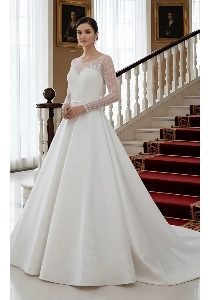 Ball Gown Beaded Linear and Floral Lace Appliqued Tulle and Satin Wedding Dress - MO-B6002