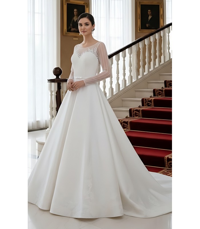 Ball Gown Beaded Linear and Floral Lace Appliqued Tulle and Satin Wedding Dress - MO-B6002