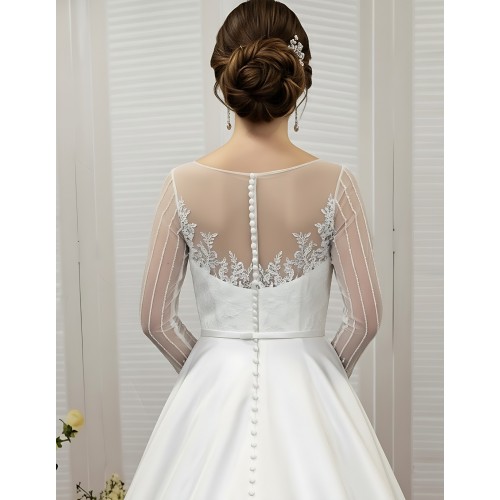 Ball Gown Beaded Linear and Floral Lace Appliqued Tulle and Satin Wedding Dress - MO-B6002