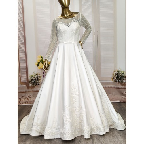 Ball Gown Beaded Linear and Floral Lace Appliqued Tulle and Satin Wedding Dress - MO-B6002