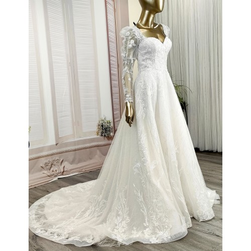 Ball Gown Beaded Linear and Floral Lace Appliqued Tulle and Satin Wedding Dress - MO-B6002