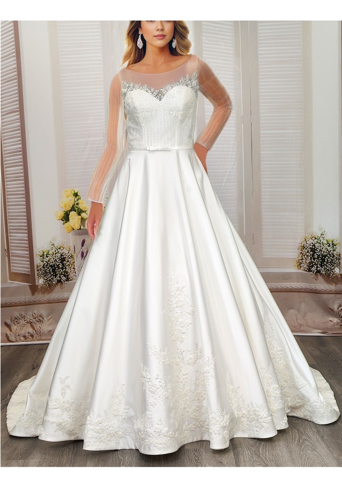 Ball Gown Beaded Linear and Floral Lace Appliqued Tulle and Satin Wedding Dress - MO-B6002