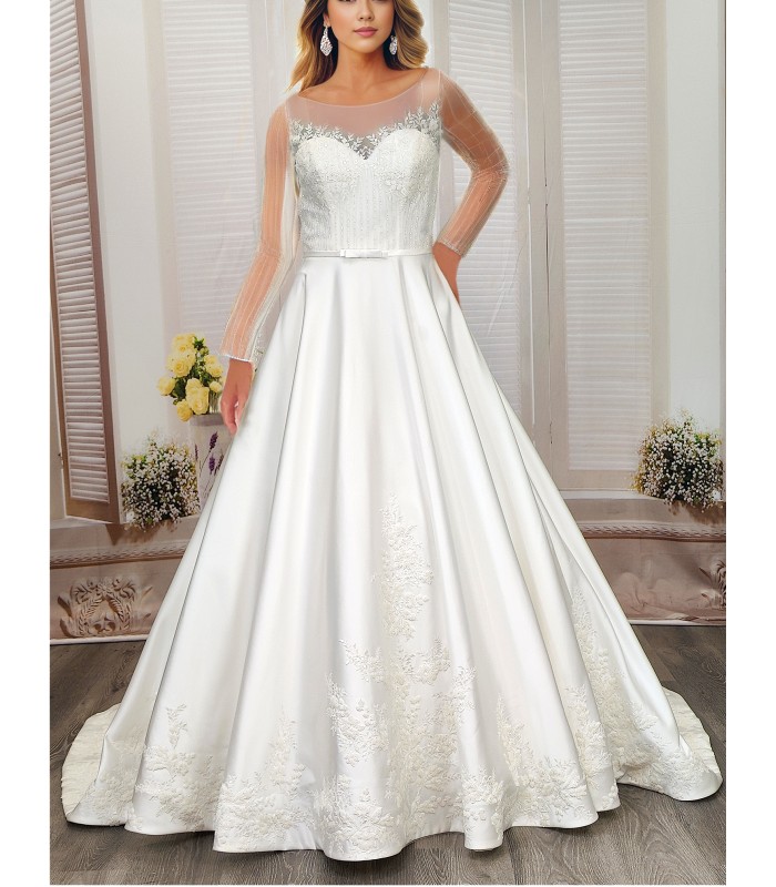 Ball Gown Beaded Linear and Floral Lace Appliqued Tulle and Satin Wedding Dress - MO-B6002