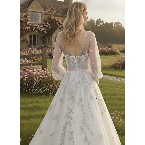 Ball Gown Pink Color Embroidery Floral Lace Appliqued Tulle with Sheer Lacy Bishop Long SleevesWedding Dress - MO-B6003
