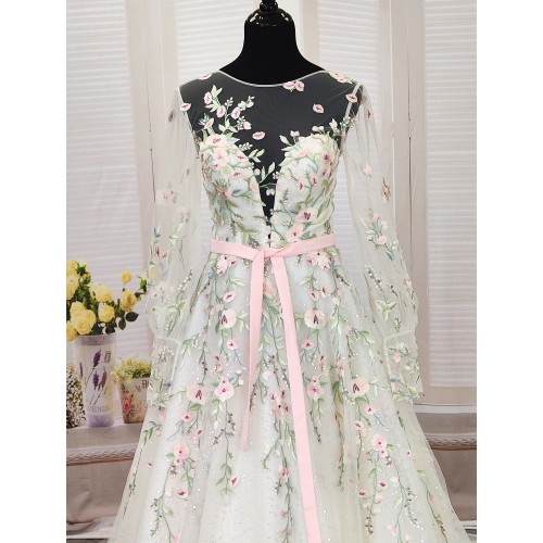 Ball Gown Pink Color Embroidery Floral Lace Appliqued Tulle with Sheer Lacy Bishop Long SleevesWedding Dress - MO-B6003