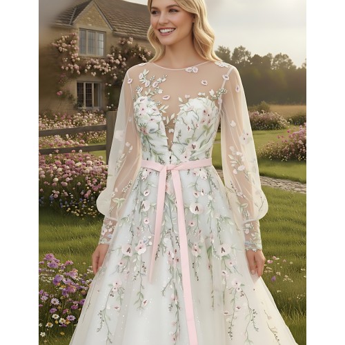 Ball Gown Pink Color Embroidery Floral Lace Appliqued Tulle with Sheer Lacy Bishop Long SleevesWedding Dress - MO-B6003
