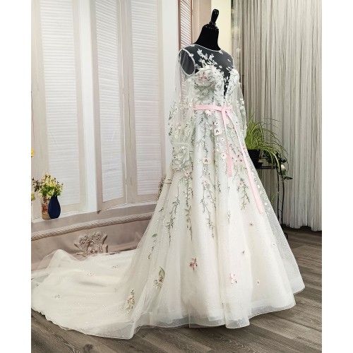 Ball Gown Pink Color Embroidery Floral Lace Appliqued Tulle with Sheer Lacy Bishop Long SleevesWedding Dress - MO-B6003