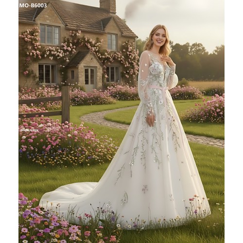 Ball Gown Pink Color Embroidery Floral Lace Appliqued Tulle with Sheer Lacy Bishop Long SleevesWedding Dress - MO-B6003