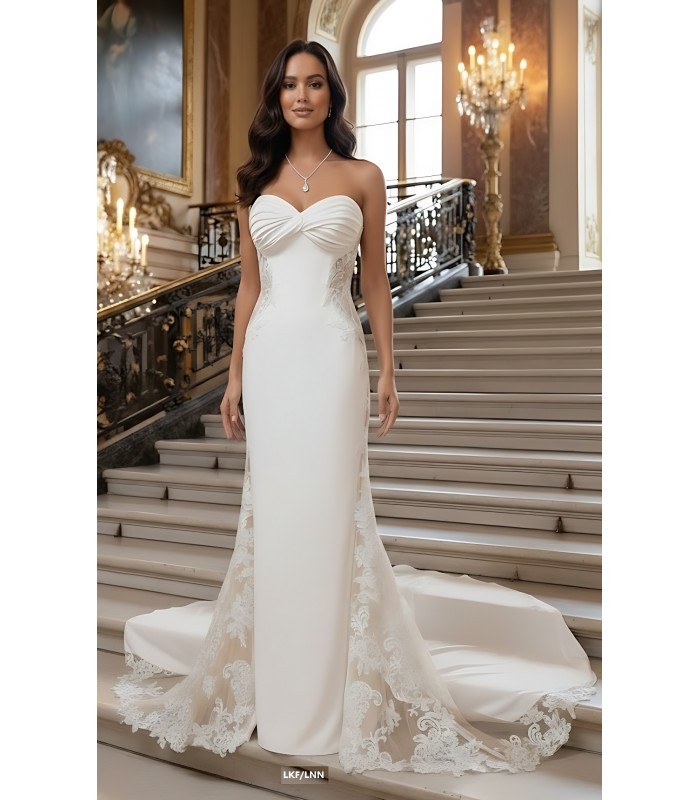 Wedding Dress - Fit and Flare Crepe Pleated Bust with Sheer Lacy Cut-outs on sides - MO-F1004