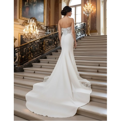 Wedding Dress - Fit and Flare Crepe Pleated Bust with Sheer Lacy Cut-outs on sides - MO-F1004