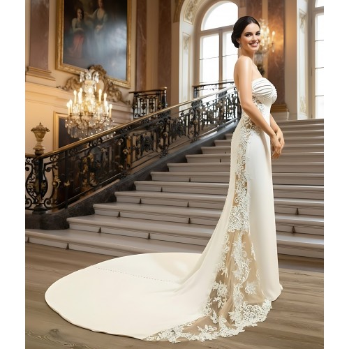 Wedding Dress - Fit and Flare Crepe Pleated Bust with Sheer Lacy Cut-outs on sides - MO-F1004