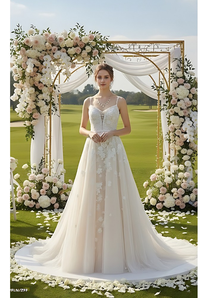 Fitted and Flare - Floral Lace Appliqued Tulle Wedding Dress with Overskirt - MO-F2006