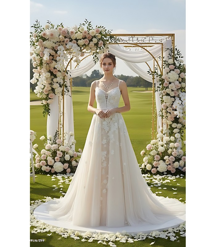 Fitted and Flare - Floral Lace Appliqued Tulle Wedding Dress with Overskirt - MO-F2006