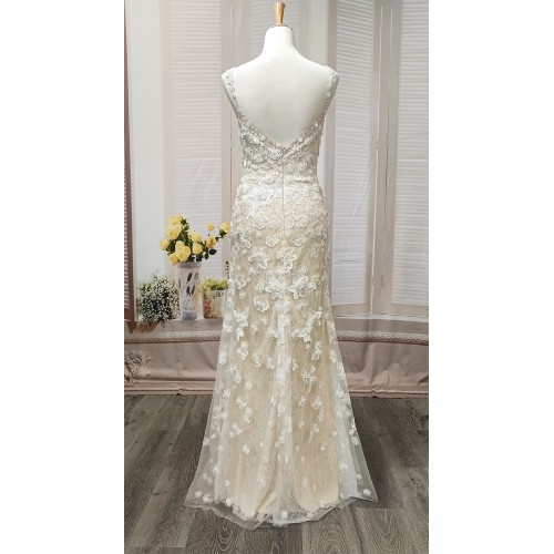 Fitted and Flare - Floral Lace Appliqued Tulle Wedding Dress with Overskirt - MO-F2006