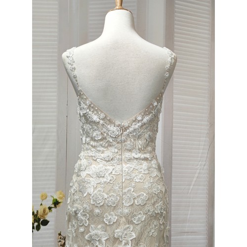 Fitted and Flare - Floral Lace Appliqued Tulle Wedding Dress with Overskirt - MO-F2006