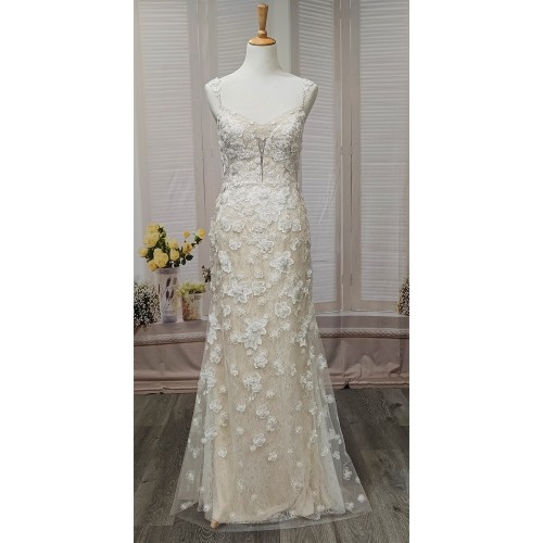 Fitted and Flare - Floral Lace Appliqued Tulle Wedding Dress with Overskirt - MO-F2006