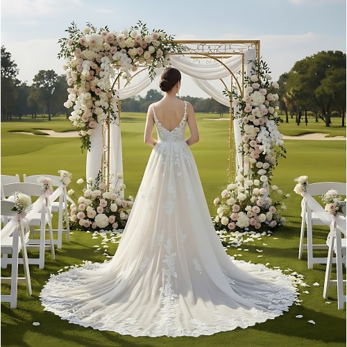 Fitted and Flare - Floral Lace Appliqued Tulle Wedding Dress with Overskirt - MO-F2006