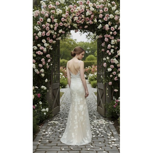 Fitted and Flare - Floral Lace Appliqued Tulle Wedding Dress with Overskirt - MO-F2006