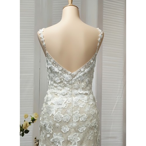 Fitted and Flare - Floral Lace Appliqued Tulle Wedding Dress with Overskirt - MO-F2006