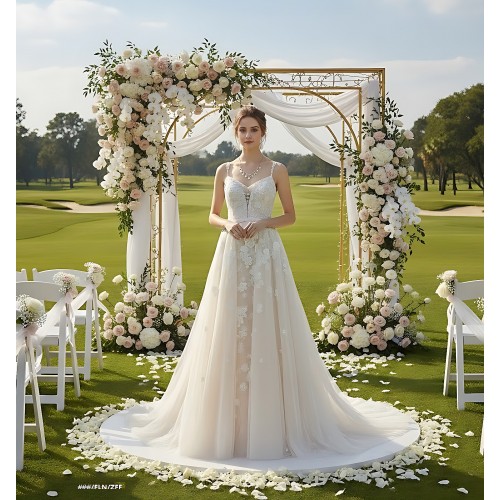 Fitted and Flare - Floral Lace Appliqued Tulle Wedding Dress with Overskirt - MO-F2006