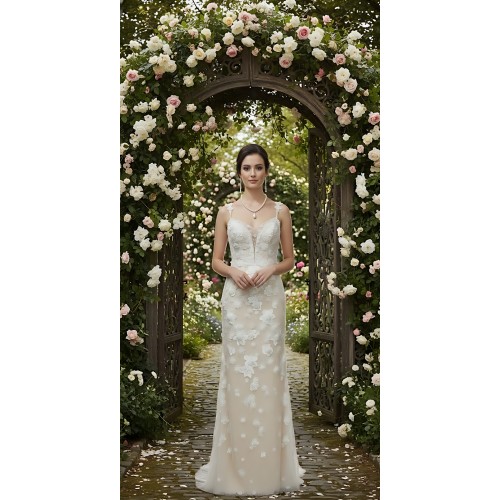 Fitted and Flare - Floral Lace Appliqued Tulle Wedding Dress with Overskirt - MO-F2006