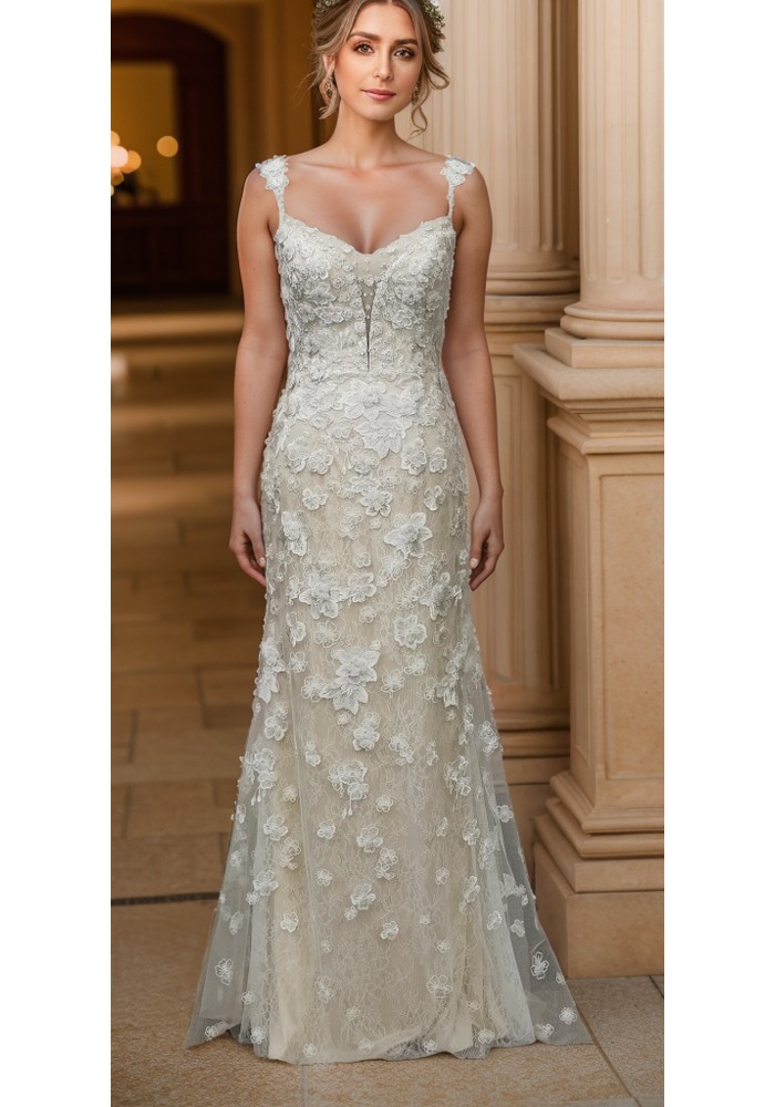 Fitted and Flare - Floral Lace Appliqued Tulle Wedding Dress with Overskirt - MO-F2006