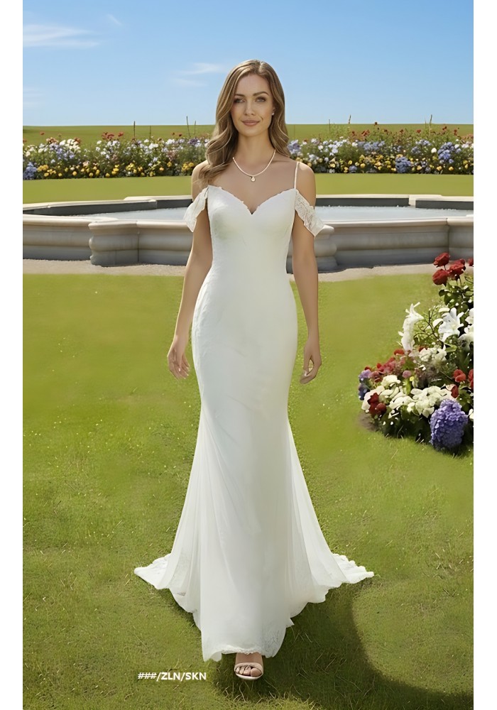 Fitted and Flare - Off the Shoulder Sequined Floral Lace Wedding Dress - MO-F5003