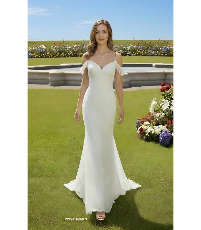 Fitted and Flare - Off the Shoulder Sequined Floral Lace Wedding Dress - MO-F5003