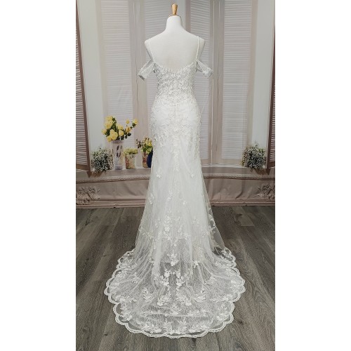 Fitted and Flare - Off the Shoulder Sequined Floral Lace Wedding Dress - MO-F5003