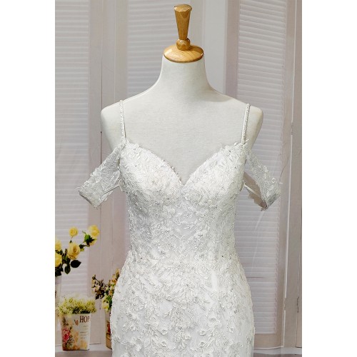 Fitted and Flare - Off the Shoulder Sequined Floral Lace Wedding Dress - MO-F5003