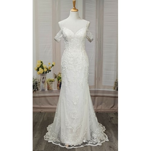 Fitted and Flare - Off the Shoulder Sequined Floral Lace Wedding Dress - MO-F5003