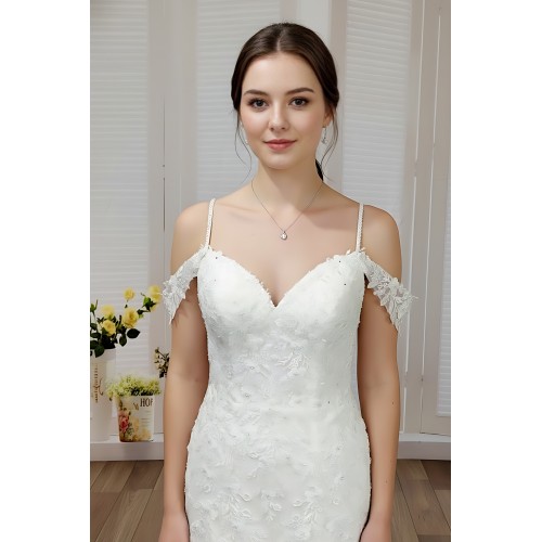 Fitted and Flare - Off the Shoulder Sequined Floral Lace Wedding Dress - MO-F5003