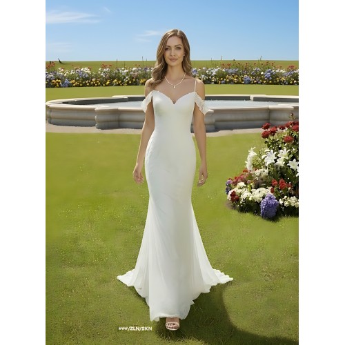 Fitted and Flare - Off the Shoulder Sequined Floral Lace Wedding Dress - MO-F5003