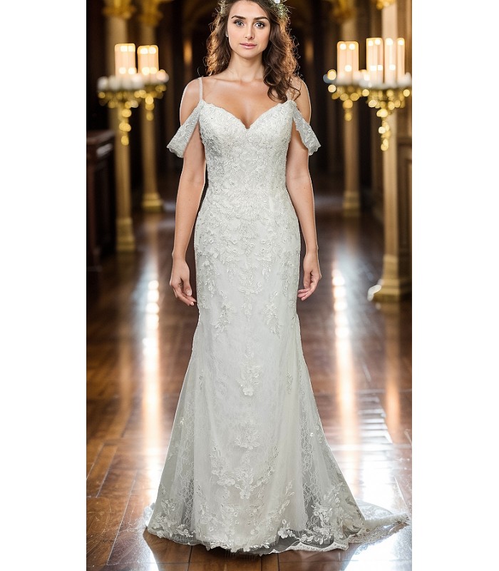 Fitted and Flare - Off the Shoulder Sequined Floral Lace Wedding Dress - MO-F5003