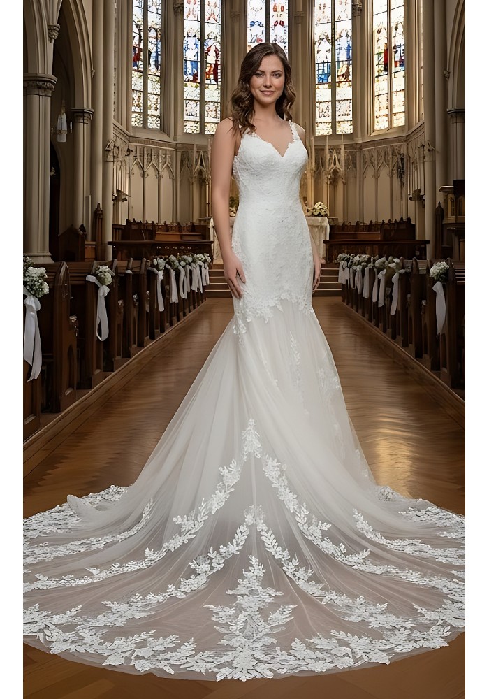 Mermaid Beaded Floral Lace Appliqued Tulle  Wedding Dress - MO-M3001