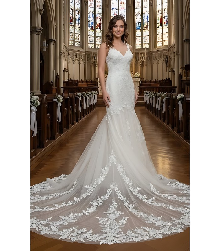 Mermaid Beaded Floral Lace Appliqued Tulle  Wedding Dress - MO-M3001